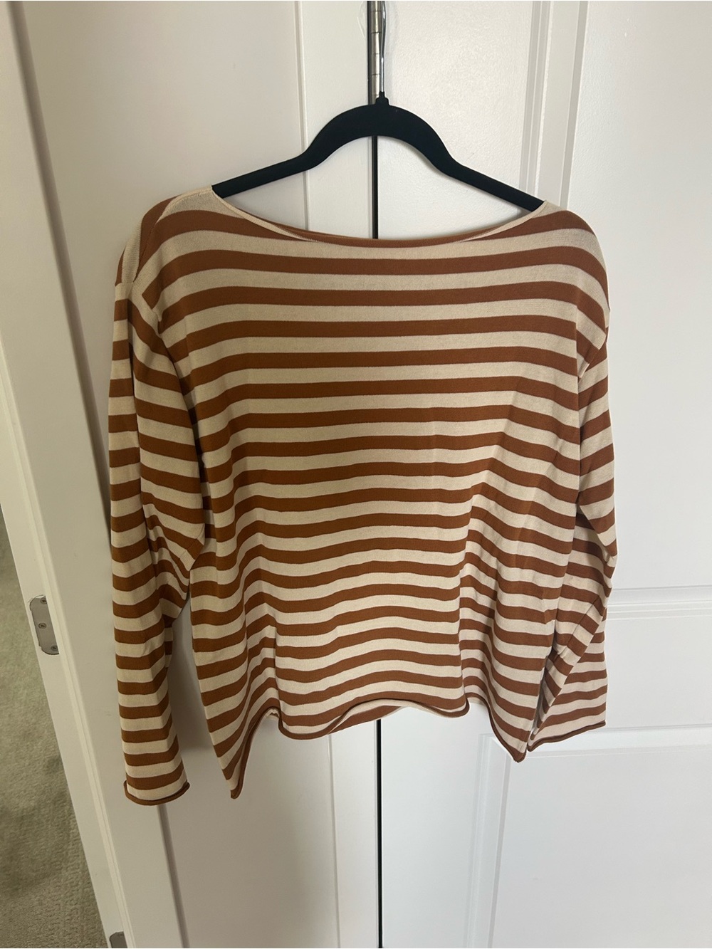 THE GREAT. Striped Boatneck Long Sleeve Top in Brown and Cream